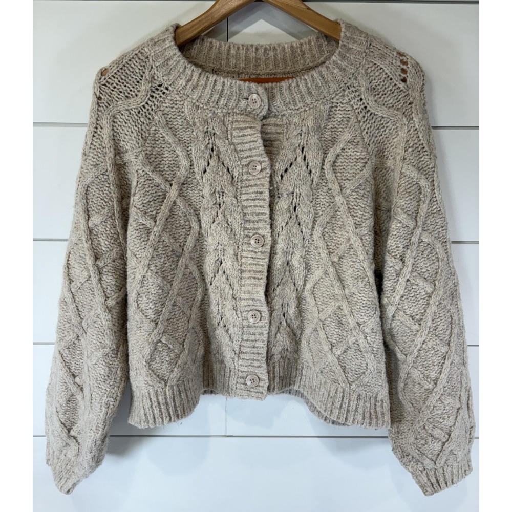 Lucky Brand Women's Large Crop Top Cableโ Knit Sweater Full Button Tan